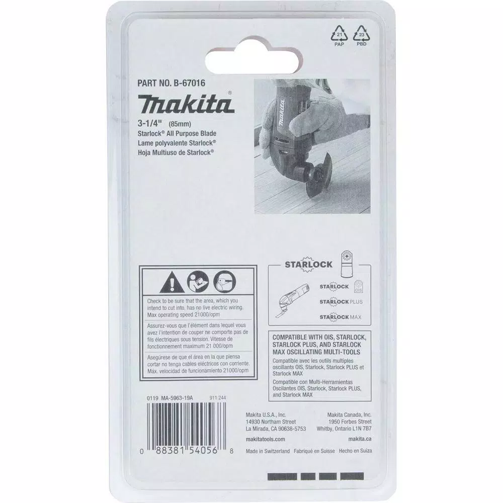 Oscillating Tool Attachments Makita 3-1/2 In. Starlock All Purpose Blade (BiM) 3 Oscillating Tool Attachments Makita 3-1/2 In. Starlock All Purpose Blade (BiM) - Image 3