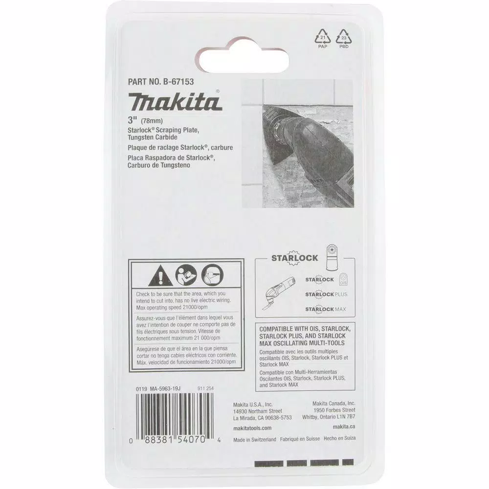 Oscillating Tool Attachments Makita 3 In. Starlock Tungsten Carbide Scraping Plate 3 Oscillating Tool Attachments Makita 3 In. Starlock Tungsten Carbide Scraping Plate - Image 3