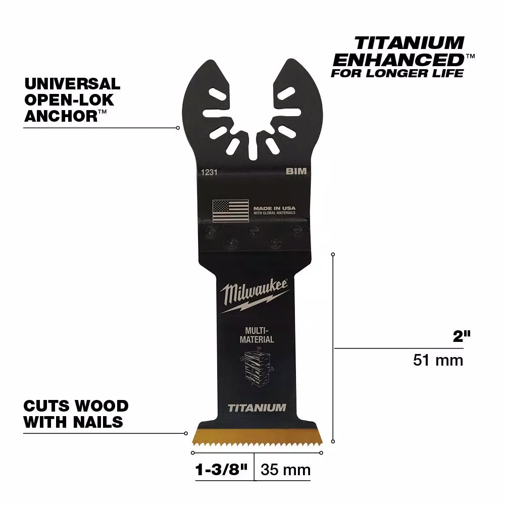 Oscillating Tool Attachments Milwaukee 1-3/8 In. Titanium Bi-Metal Universal Fit Wood And Metal Cutting Oscillating Multi-Tool Blade (1-Pack) 3 Oscillating Tool Attachments Milwaukee 1-3/8 In. Titanium Bi-Metal Universal Fit Wood And Metal Cutting Oscillating Multi-Tool Blade (1-Pack) - Image 3