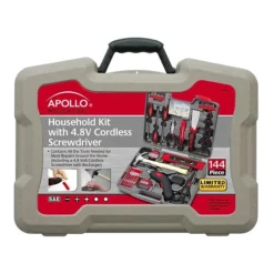 Apollo Tools Household Tool Kit With 4.8 Volt Cordless Screwdriver, 144 Piece (DT8422)
